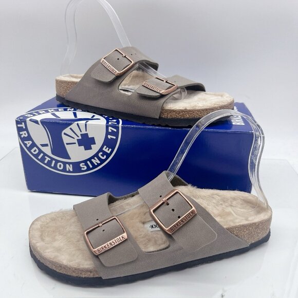 Birkenstock Arizona Shearling-Lined Slide Sandals Birko-Flor Stone Womens EU 40 - Picture 1 of 12